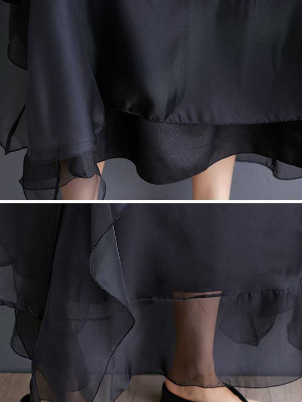 Falbala Ruffled Solid Color Loose Ruffle Sleeves Round-neck Midi Dresses