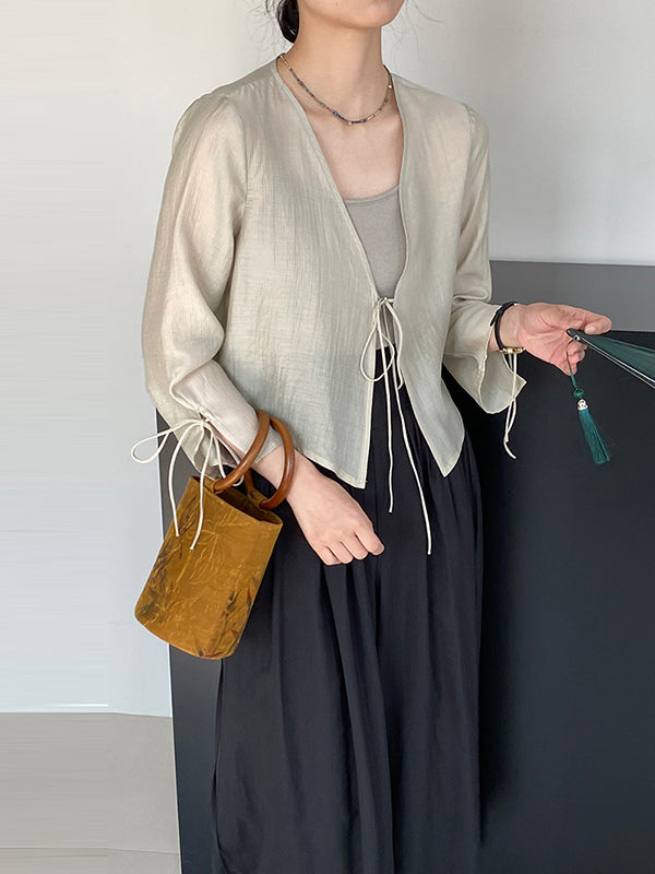 Long Sleeves Lace-Up See-Through Solid Color Blouses&Shirts Tops