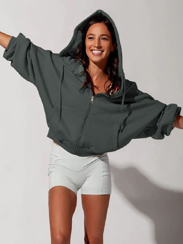 Drawstring Pockets Solid Color Zipper Hooded Long Sleeves Outerwear Jackets