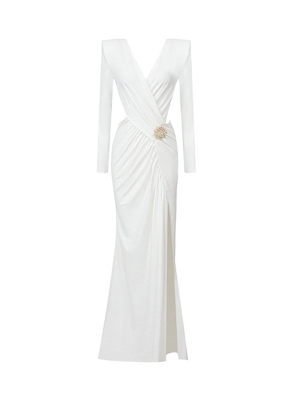 Asymmetric Hollow Pleated Rhine Stones Shoulder Pad Split-Side Long Sleeves Skinny V-Neck Maxi Dresses