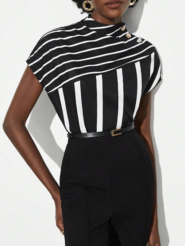 Asymmetric Split-Joint Striped Batwing Sleeves Loose High Neck T-Shirts Tops