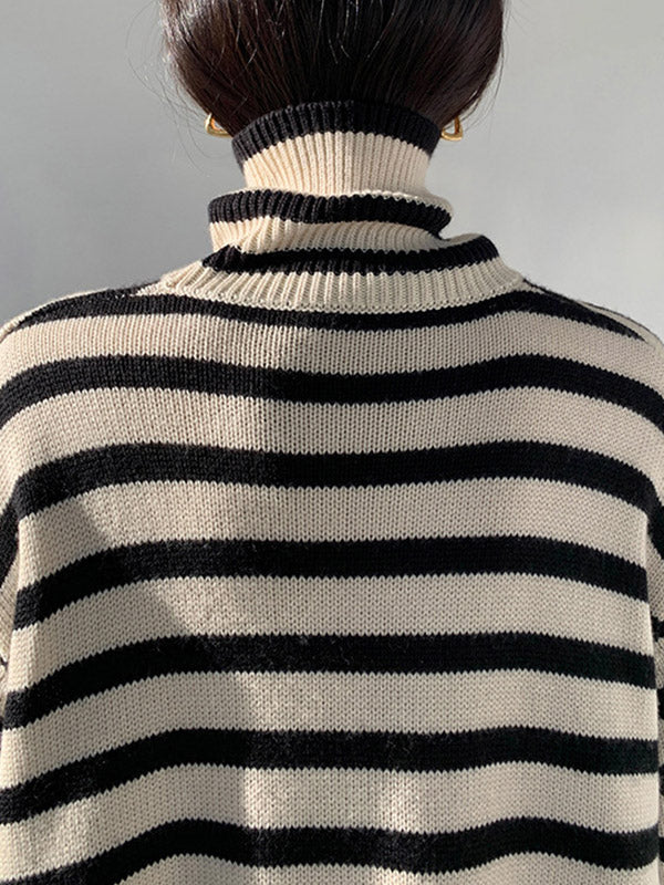 Contrast Color Pleated Split-Joint Split-Side Striped Patterns Long Sleeves Loose High Neck Sweater Tops