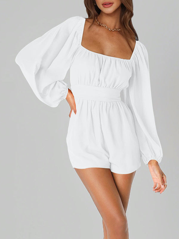 Backless Elasticity Solid Color Tied High Waisted Long Sleeves Square-Neck Rompers