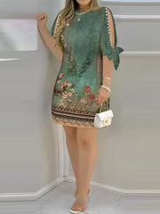 Hollow Printed Split-Joint Loose Short Sleeves Round-Neck Mini Dresses