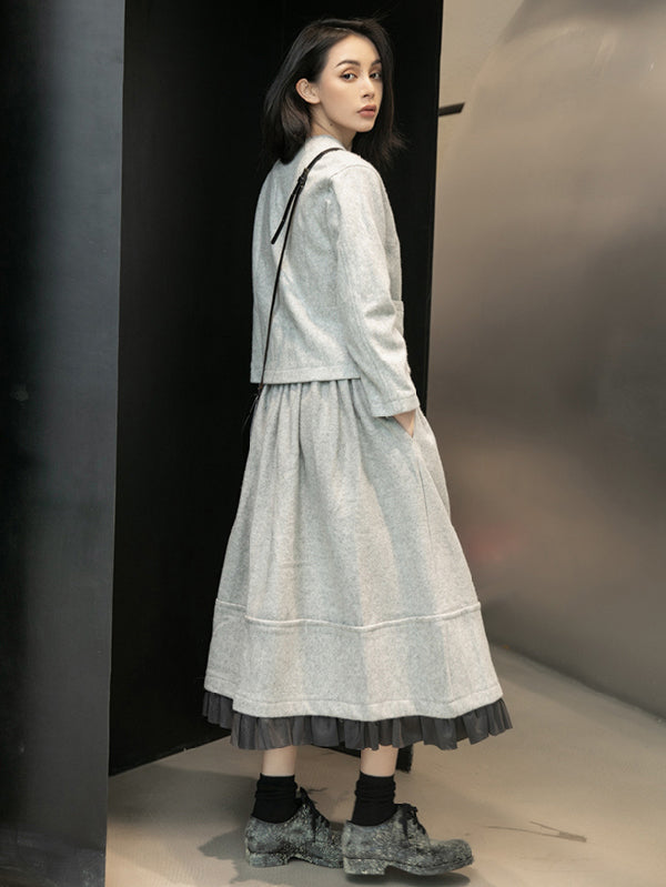 Urban Long Sleeves Buttoned Round-Neck Jacket Top+ Split-Joint Skirt Two Pieces Set