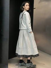 Urban Long Sleeves Buttoned Round-Neck Jacket Top+ Split-Joint Skirt Two Pieces Set