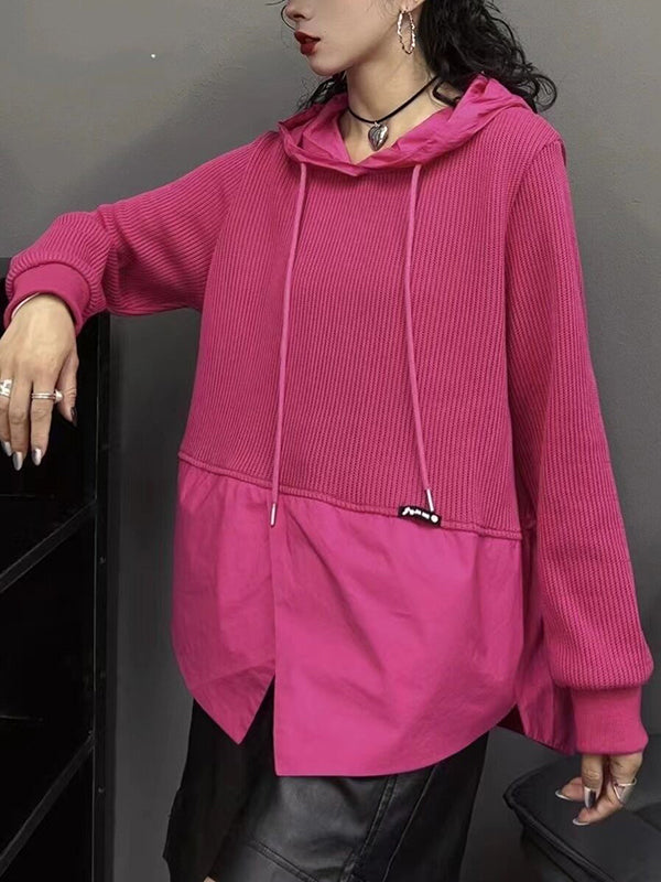 Drawstring Split-front Split-Joint Hooded Long Sleeves Hoodies Tops