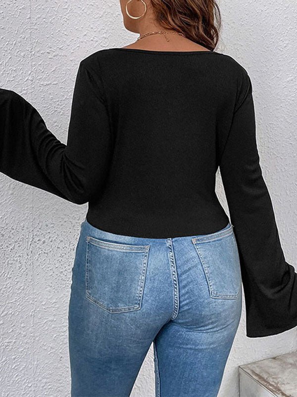 Pleated Solid Color Flared Sleeves Long Sleeves Deep V-Neck T-Shirts Tops