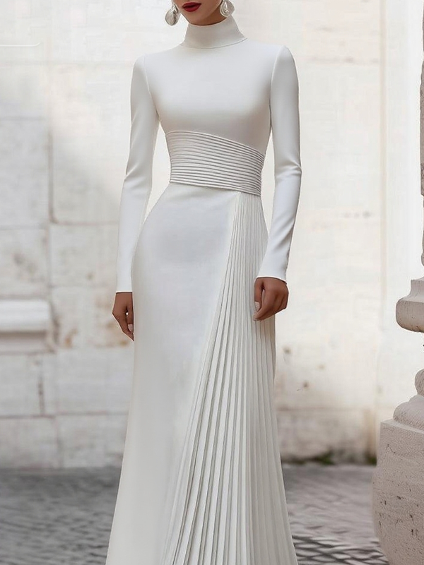 Pleated Solid Color Split-Joint Zipper High Waisted Long Sleeves Mock Neck Maxi Dresses