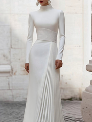 Pleated Solid Color Split-Joint Zipper High Waisted Long Sleeves Mock Neck Maxi Dresses