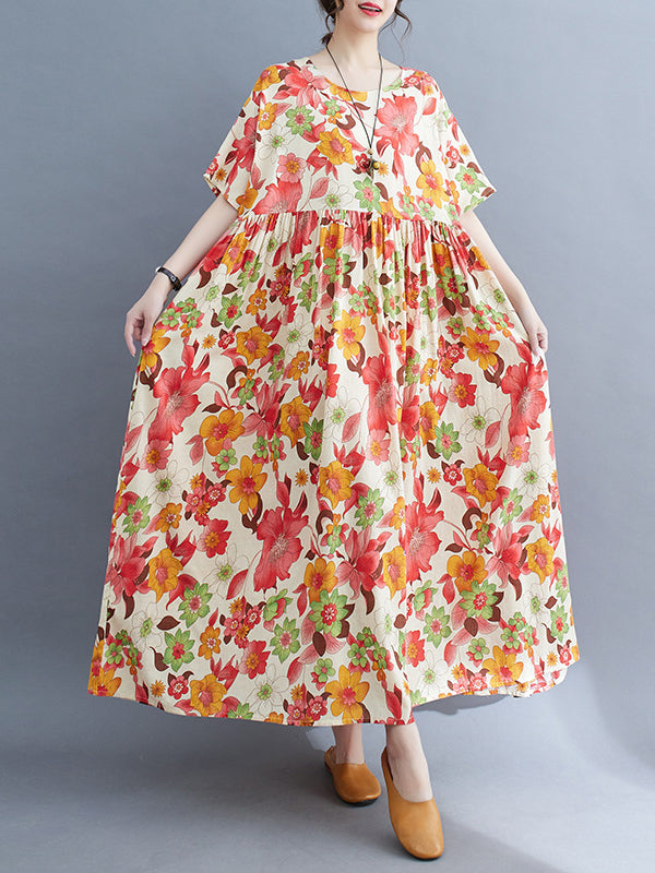 Pleated Printed Split-Joint Loose Short Sleeves Round-Neck Midi Dresses