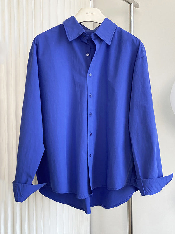 Simple Loose Long Sleeves Buttoned Solid Color Lapel Collar Blouses&Shirts Tops
