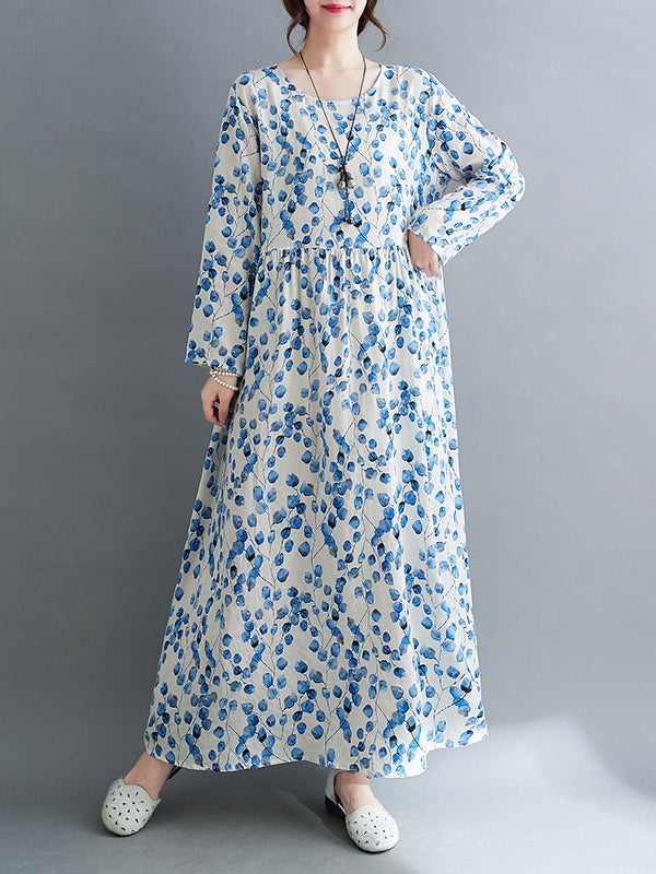 Flower Print Split-Joint Long Sleeves Loose Round-Neck Midi Dresses