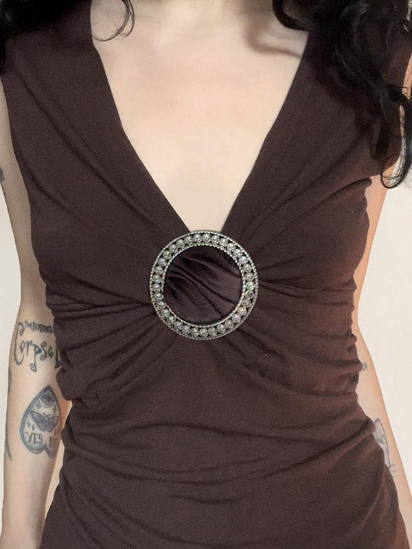 Pleated Solid Color Sleeveless V-Neck Vest Top