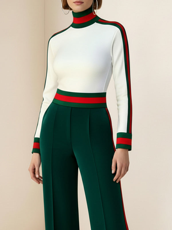 Long Sleeves Skinny Contrast Color Split-Joint Striped High Neck T-Shirts Tops