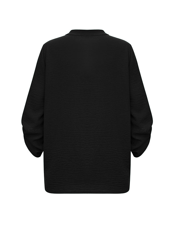 Asymmetric Buttoned Solid Color Long Sleeves Loose V-Neck Blouses&Shirts Tops