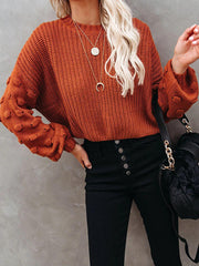 Hollow Solid Color Long Sleeves Loose Round-Neck Sweater Tops Pullovers Knitwear