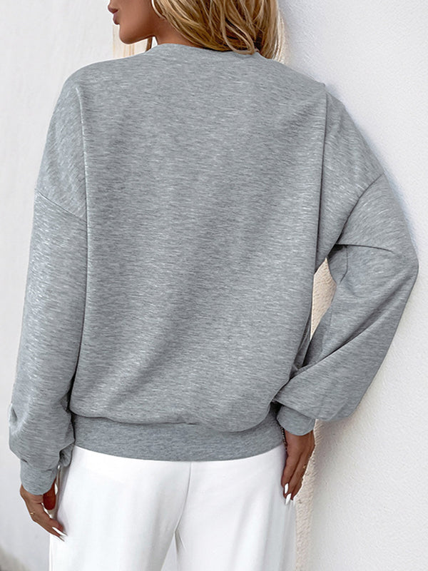 Asymmetric Hollow Split-Joint Loose Puff Sleeves Round-Neck Sweatshirt Tops