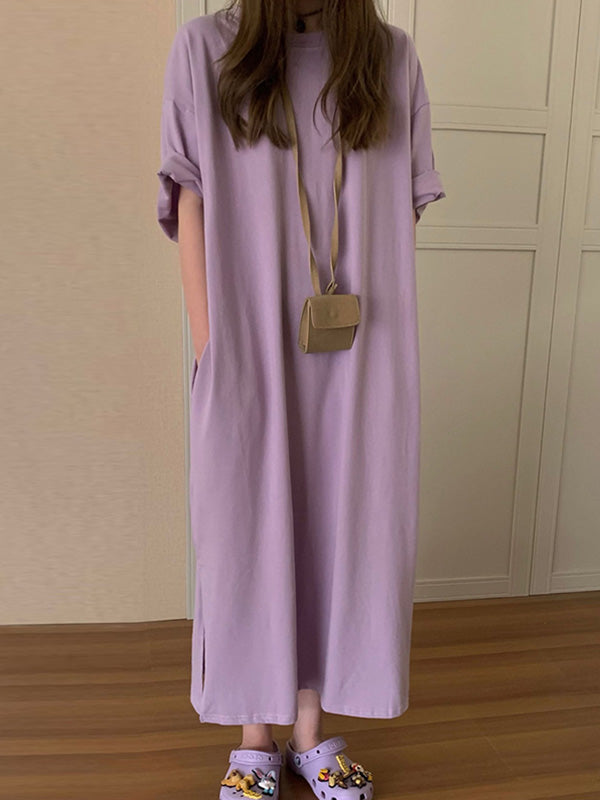 Casual Loose Short Sleeves Split-Side Solid Color Round-Neck Midi Dresses