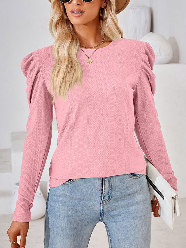 Pleated Solid Color Long Sleeves Loose Round-Neck T-Shirts Tops