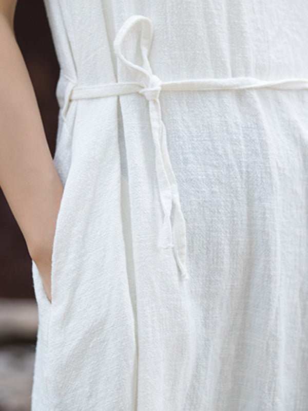 Drawstring Solid Color Split-Joint Tied Waist Loose Sleeveless Round-Neck Midi Dresses