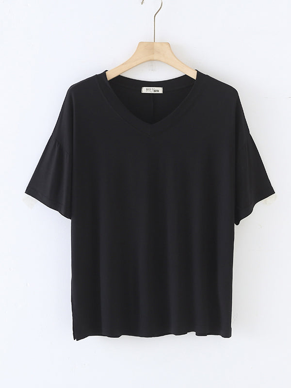 Solid Color Split-Joint Loose Short Sleeves V-neck T-Shirts Tops