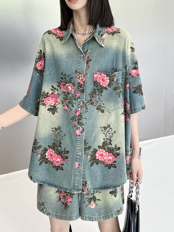 Floral Printed Split-Joint High-Low Loose Lapel Blouses&Shirts Tops