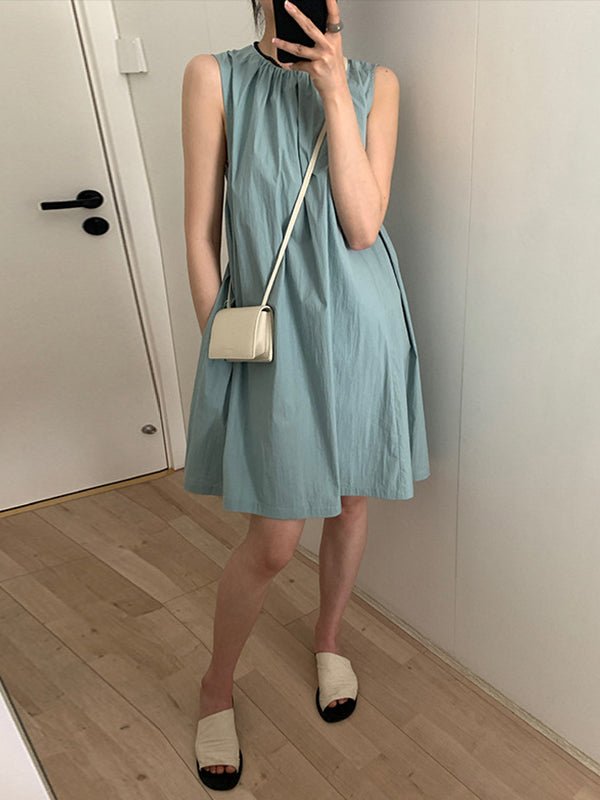 Pleated Solid Color Split-Joint Loose Sleeveless Round-Neck Mini Dresses