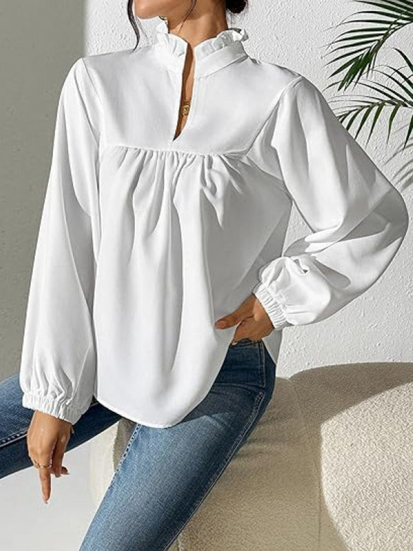 Pleated Ruffled Solid Color Long Sleeves Puff Sleeves Stand Collar Blouses&Shirts Tops