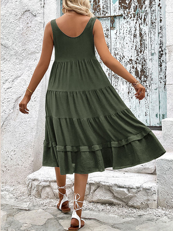 Buttoned Solid Color Tiered Loose Sleeveless Round-neck Midi Dresses