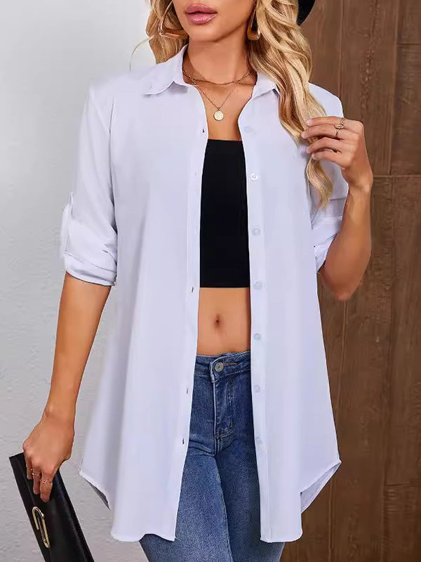 See-Through Solid Color Split-Joint Long Sleeves Loose Lapel Blouses