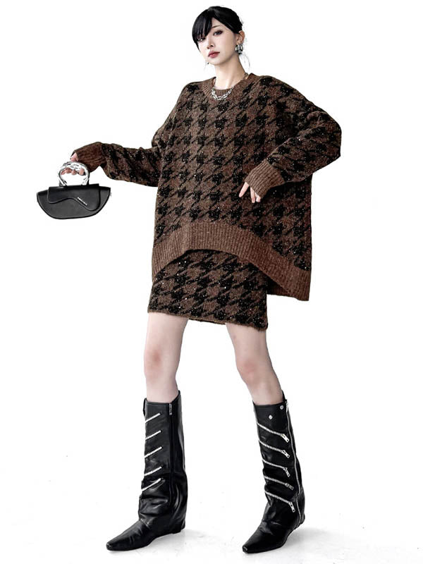 Contrast Color Split-joint Ribs Shiny Swallow Gird/Houndstooth Round-Neck Sweater Tops + A-Line Elasticated Waist Skirts Bottoms  Two Pieces Set