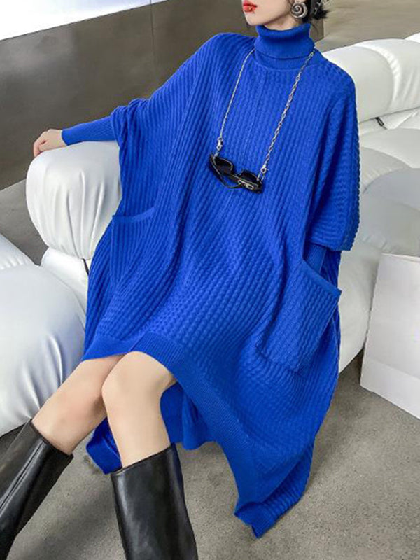 Pockets Solid Color Batwing Sleeves High-Low High-Neck Sweater Dresses Midi Dresses