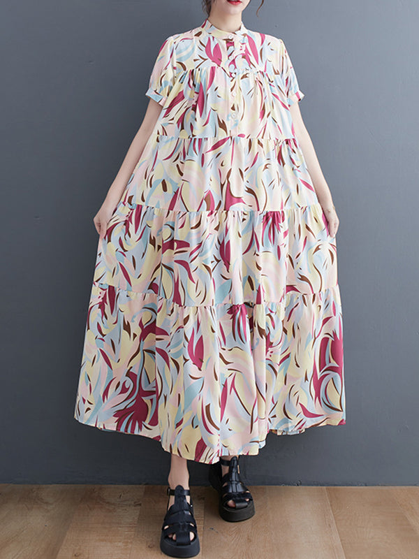 Original Loose Short Sleeves Buttoned Contrast Color Printed Stand Collar Midi Dresses