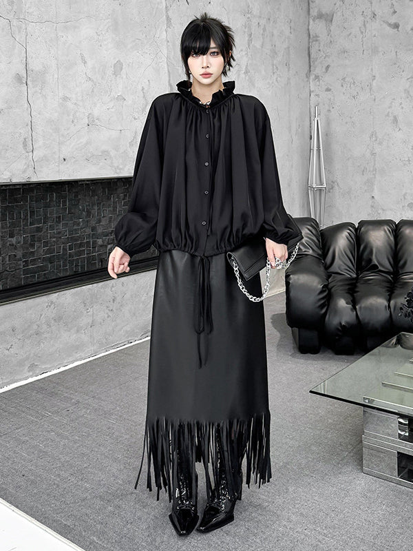 Drawstring Pleated Pullover Design Solid Color Long Sleeves Loose Lace Collar Blouses&Shirts Tops