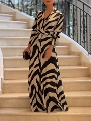 Long Sleeves Wide Leg Split-Joint Tied Waist Zebra Printed Lapel Jumpsuits