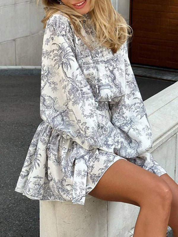 Pleated Printed Split-Joint Tied Waist Loose Puff Sleeves Stand Collar Mini Dresses