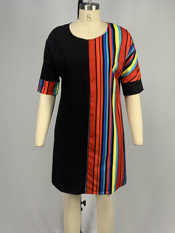 Asymmetric Contrast Color Striped A-line Half Sleeves Round-neck Mini Dresses