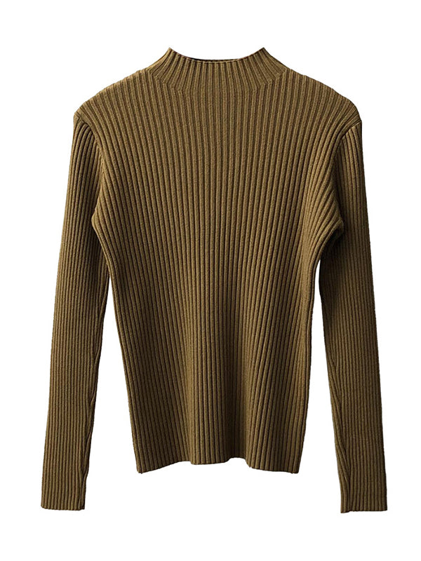 Simple Long Sleeves Skinny Leg Solid Color High-Neck Sweater Tops