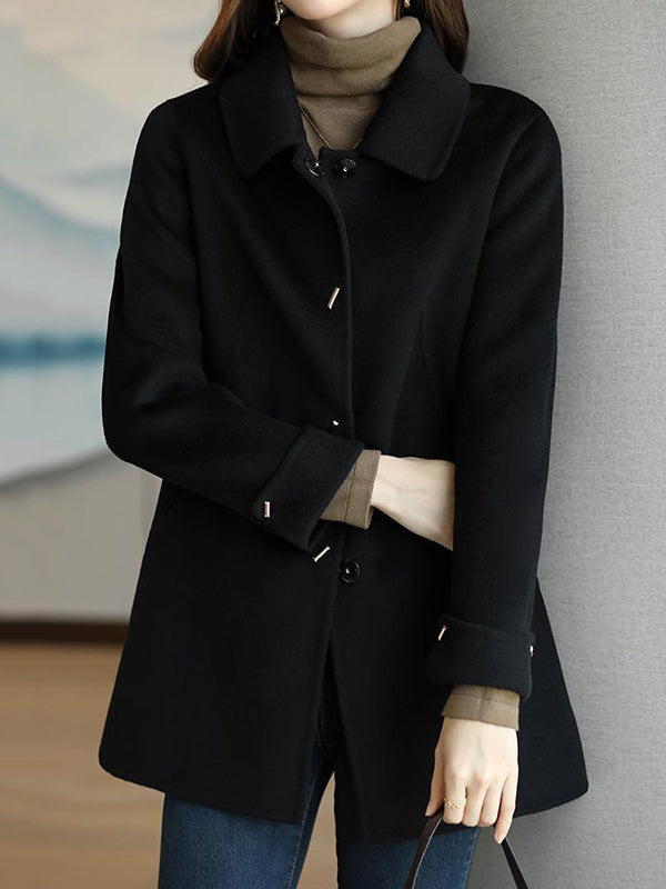 Buttoned Pockets Solid Color Long Sleeves Loose Lapel Woolen Coat