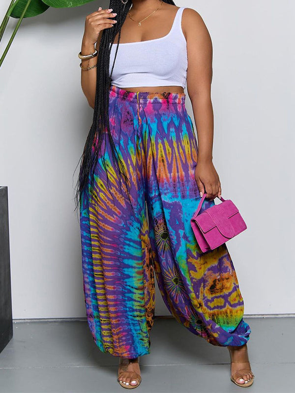 Elasticity Pockets Printed High Waisted Loose Trousers Pants