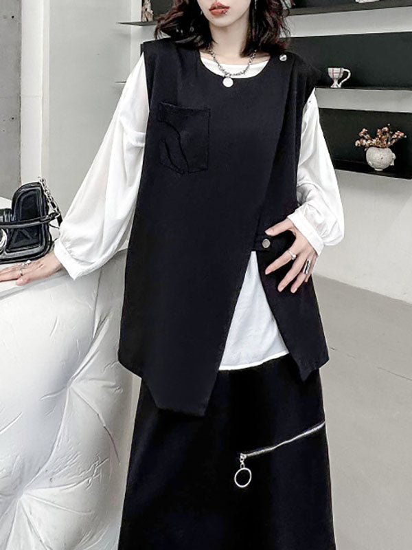 Asymmetric Zipper Loose Sleeveless Round-Neck Vest Top