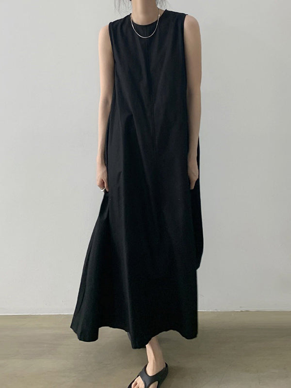 Loose Sleeveless Solid Color Round-Neck Midi Dresses