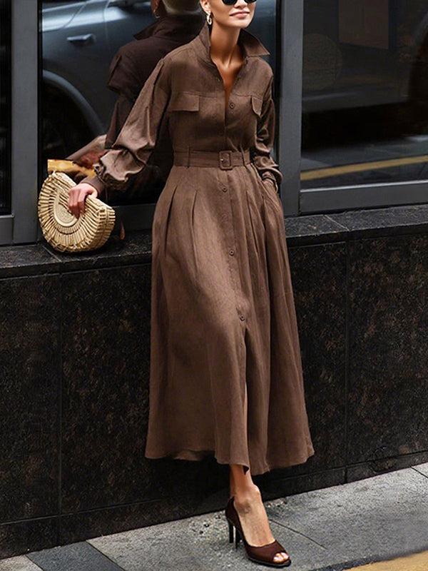 Loose Puff Sleeves Pleated Solid Color Split-Joint Lapel Maxi Dresses Shirt Dress