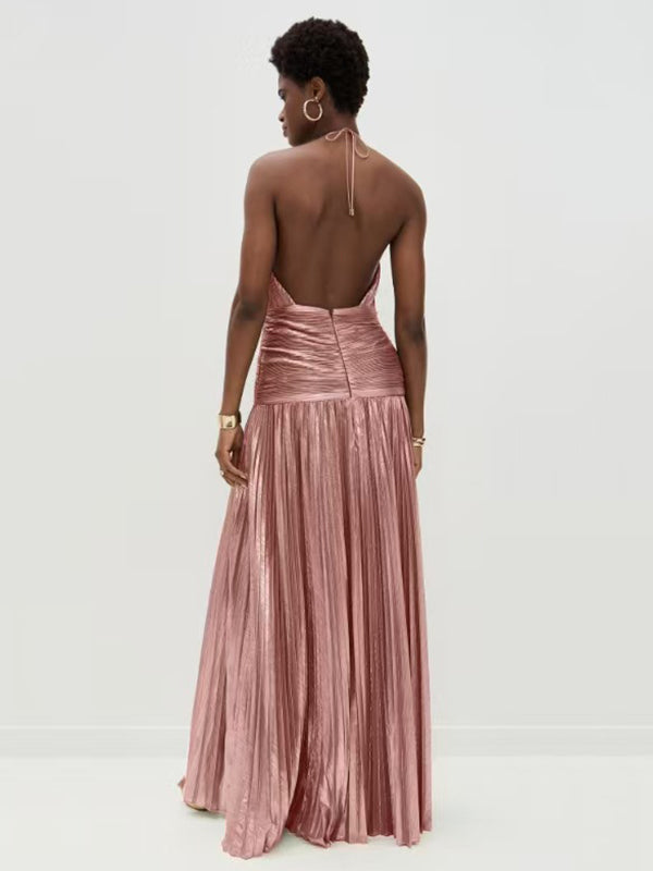Pleated Shiny Solid Color Split-Side Elasticated Waist Sleeveless Halter-Neck Maxi Dresses