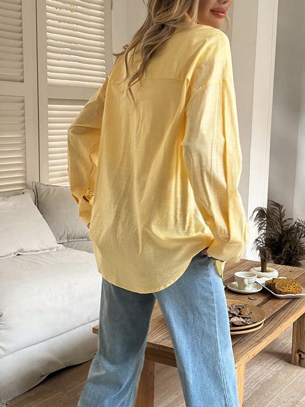 Buttoned Solid Color Long Sleeves Loose Lapel Blouses&shirts Tops