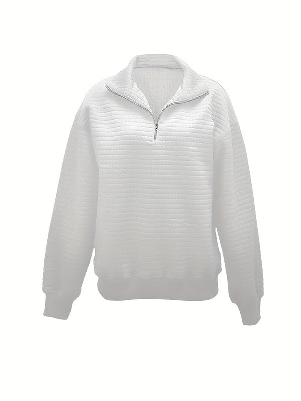 Waffle Check Zipper Long Sleeves Loose Lapel Sweatshirt Tops