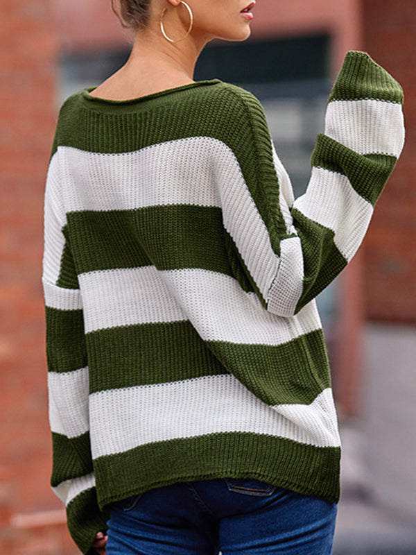 Contrast Color Striped Long Sleeves Loose Round-Neck Sweater Tops Pullovers