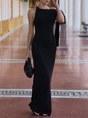 Asymmetric Solid Color Split-Joint Streamer Skinny Sleeveless One-shoulder Maxi Dresses Evening Dresses