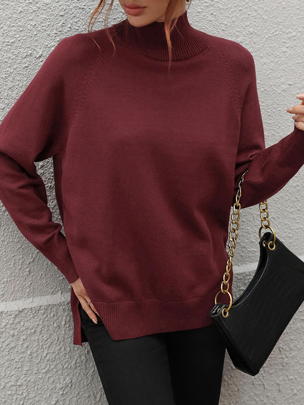 Solid Color Split-Side High-Low Long Sleeves High Neck Sweater Tops Pullovers